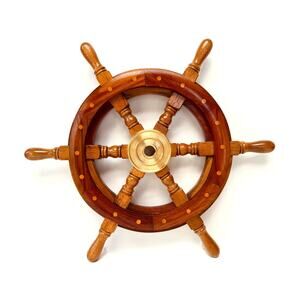 Classic Wooden Ship Wheel with Brass Hub, 18 Inch Nautical Wall Decor
